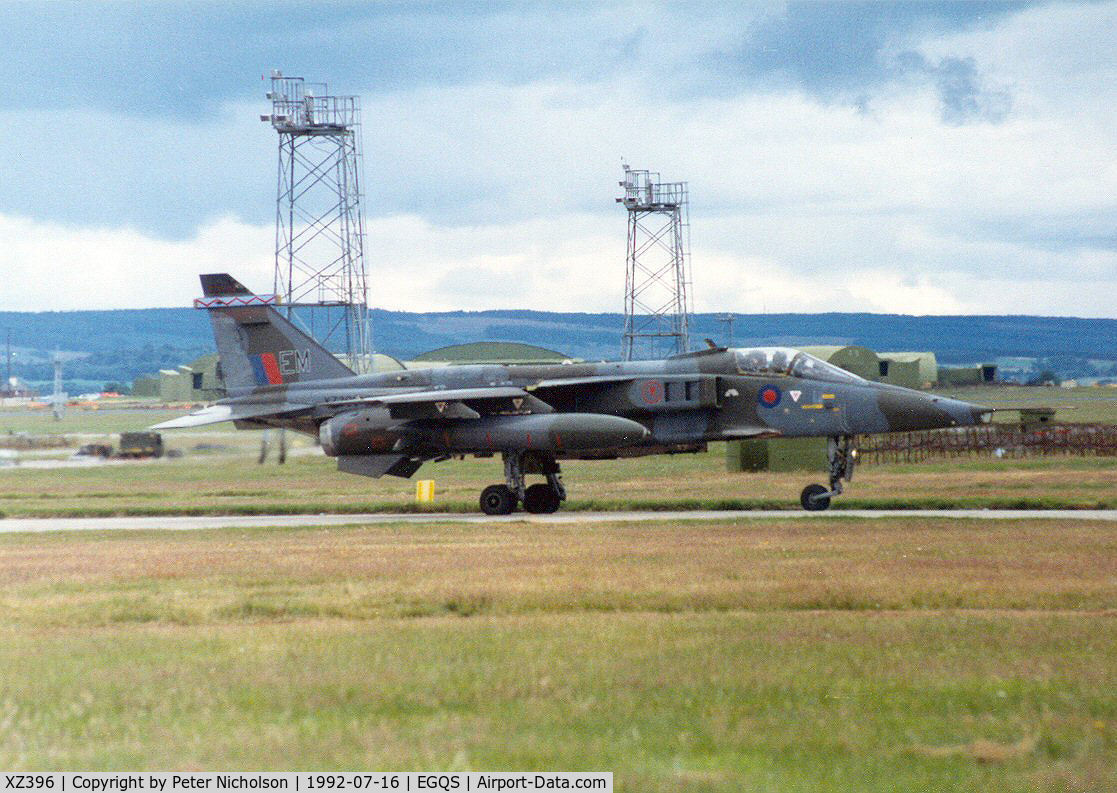 XZ396, 1977 Sepecat Jaguar GR.1A C/N S.161, Jaguar GR.1A of 6 Squadron at RAF Coltishall preparing to join Runway 05 at RAF Lossiemouth in the Summer of 1992.
