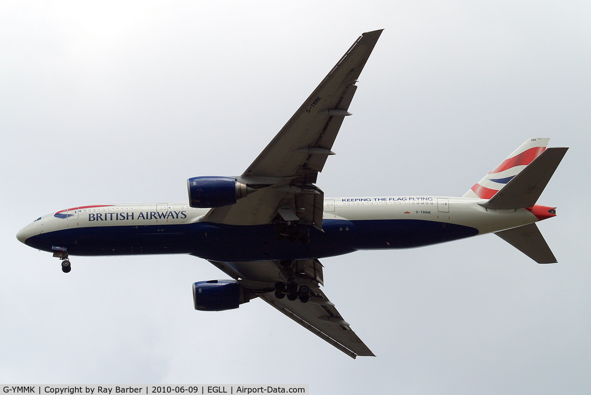 G-YMMK, 2000 Boeing 777-236 C/N 30312, Boeing 777-236ER [30312] (British Airways) Home~G 09/06/2010. On approach 27R. Wears 