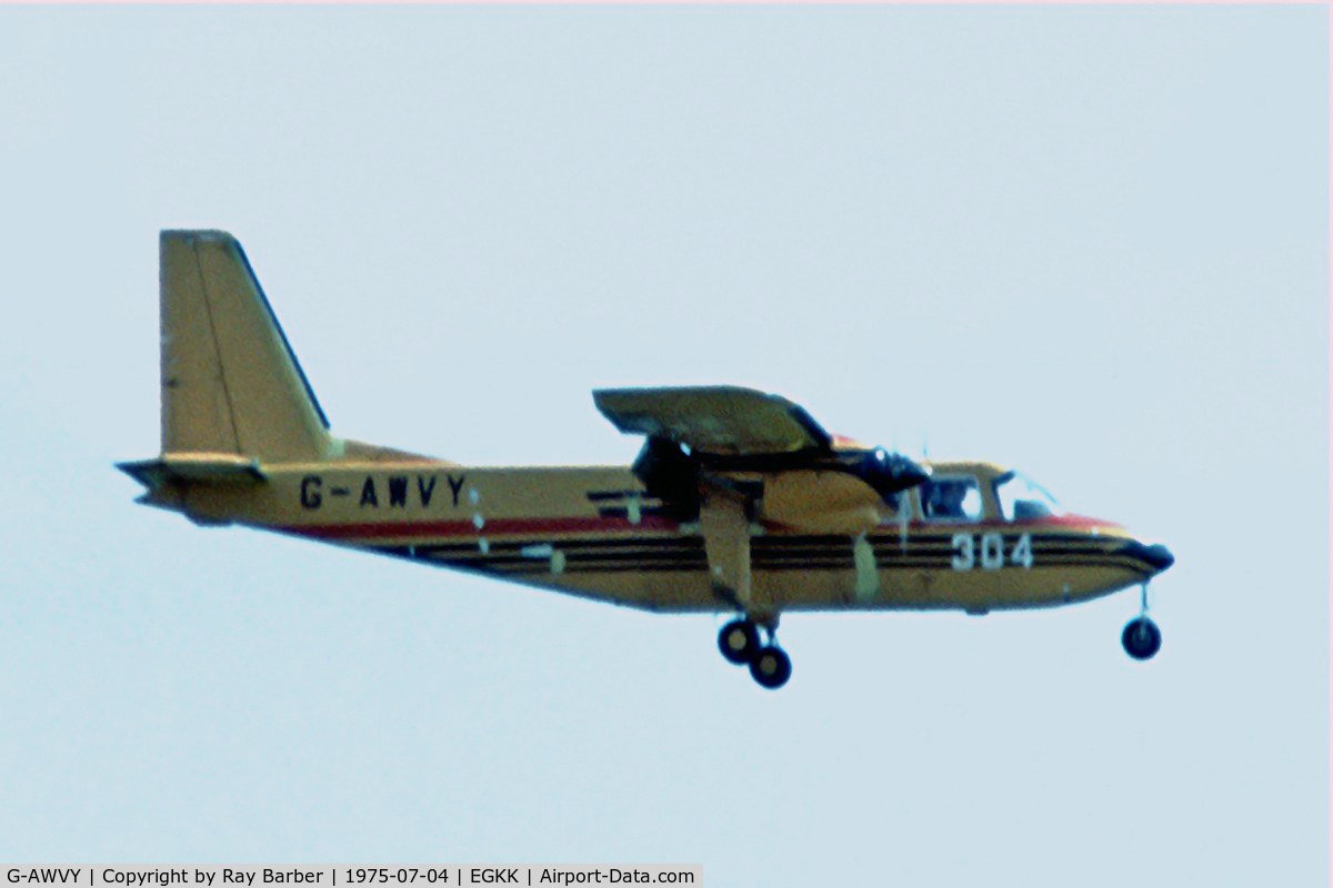 G-AWVY, 1969 Britten-Norman BN-2A-26 Islander C/N 48, Britten-Norman BN-2A-26 Islander [0048] (Brinsop Farms Ltd) Gatwick~G 04/07/1975