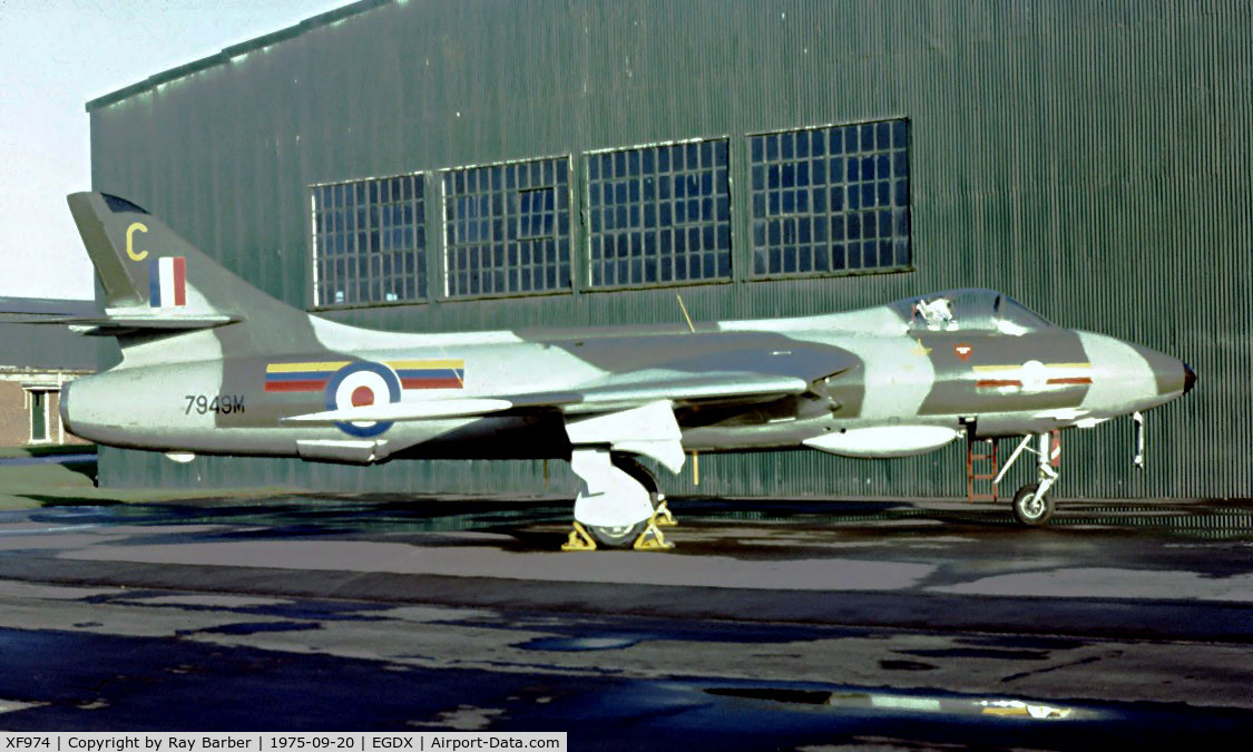 XF974, 1956 Hawker Hunter F.4 C/N HABL-003129, Hawker Hunter F.4 [HABL003129] (Royal Air Force) RAF St. Athan~G 20/09/1975. From a slide.