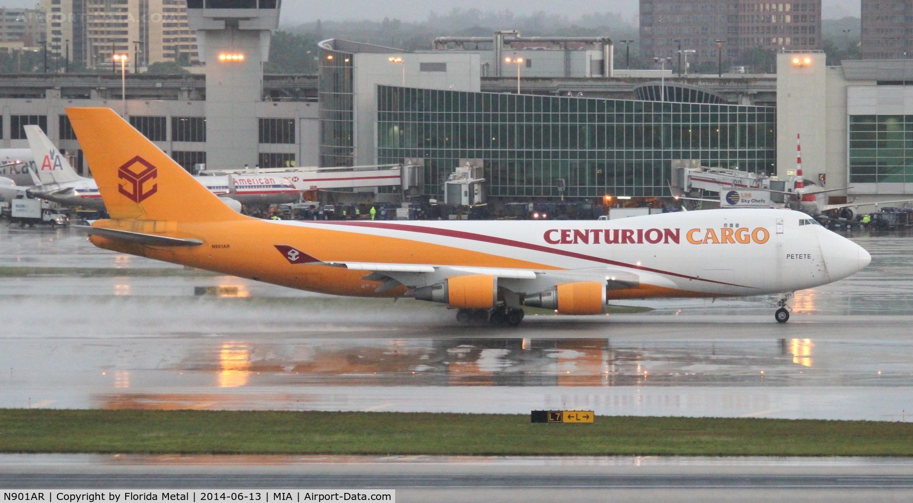 N901AR, 1997 Boeing 747-4R7F/SCD C/N 25868, Centurion Cargo 747-400 departing MIA in a thunderstorm