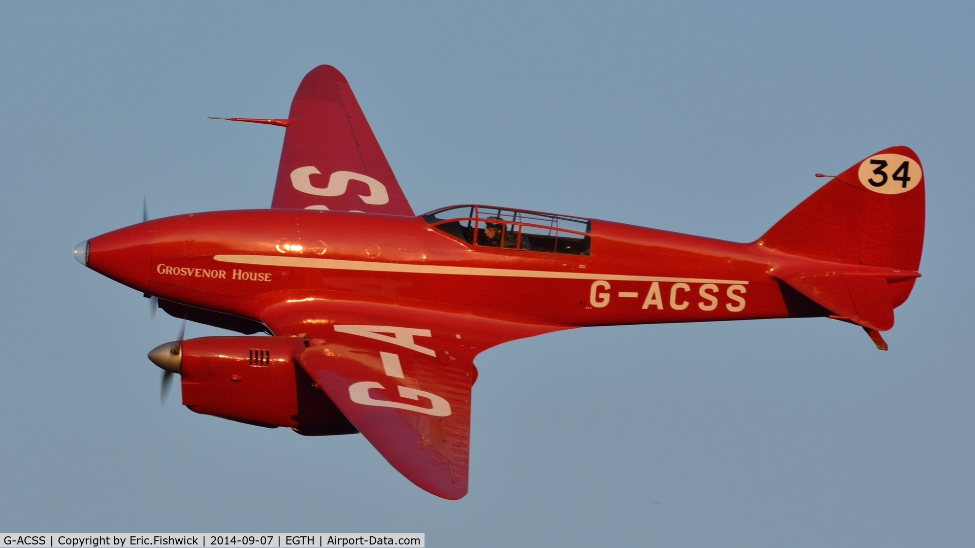 G-ACSS, 1934 De Havilland DH-88 Comet C/N 1996, 41. G-ACSS in display mode at the glorious Shuttleworth Pagent Airshow, Sep. 2014.