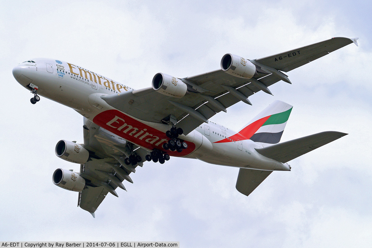 A6-EDT, 2011 Airbus A380-861 C/N 090, Airbus A380-861 [090] (Emirates Airlines) Home~G 06/07/2014. On approach 27R.