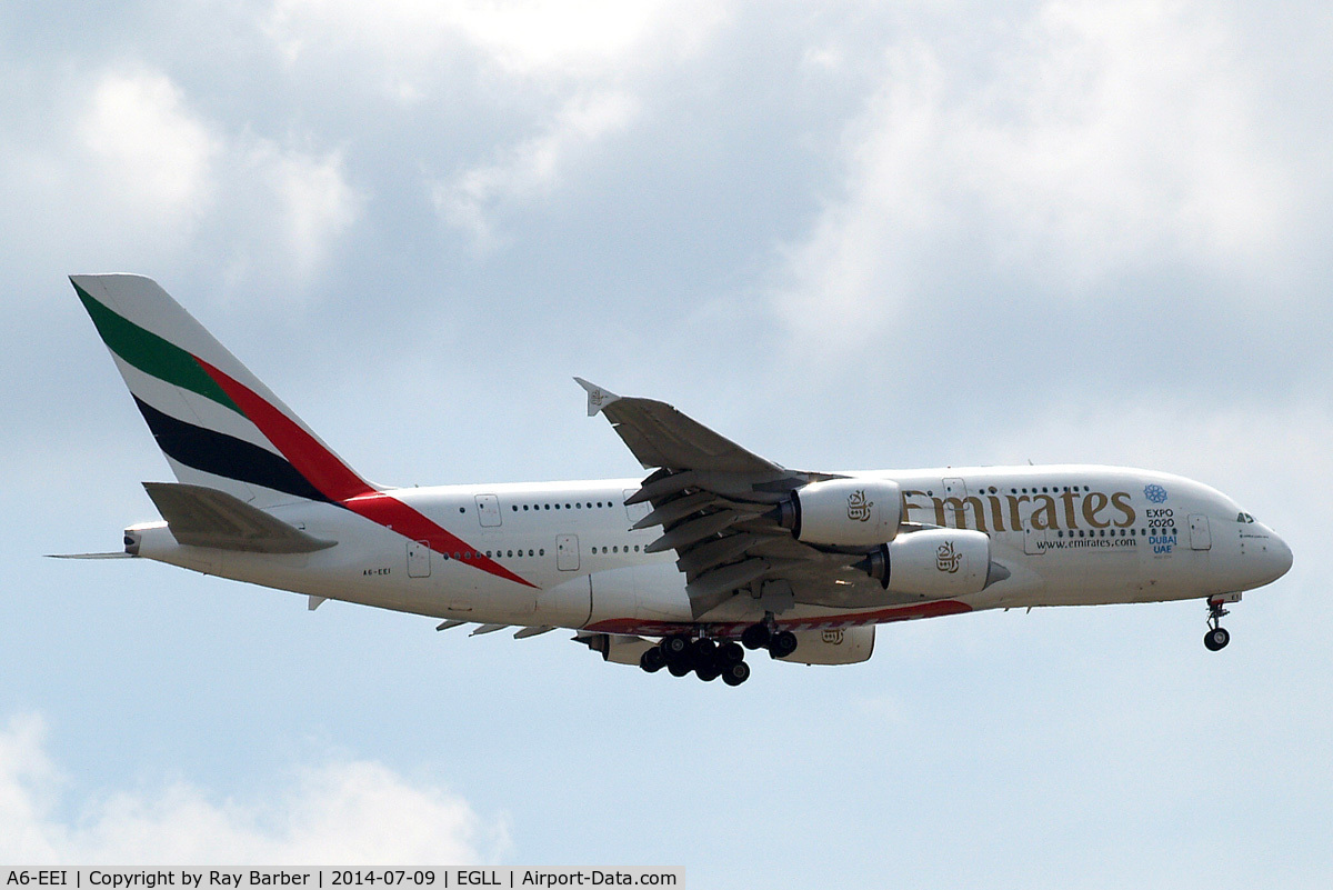 A6-EEI, 2012 Airbus A380-861 C/N 123, Airbus A380-861 [123] (Emirates Airlines) Home~G 09/07/2014. On approach 27L now wears 