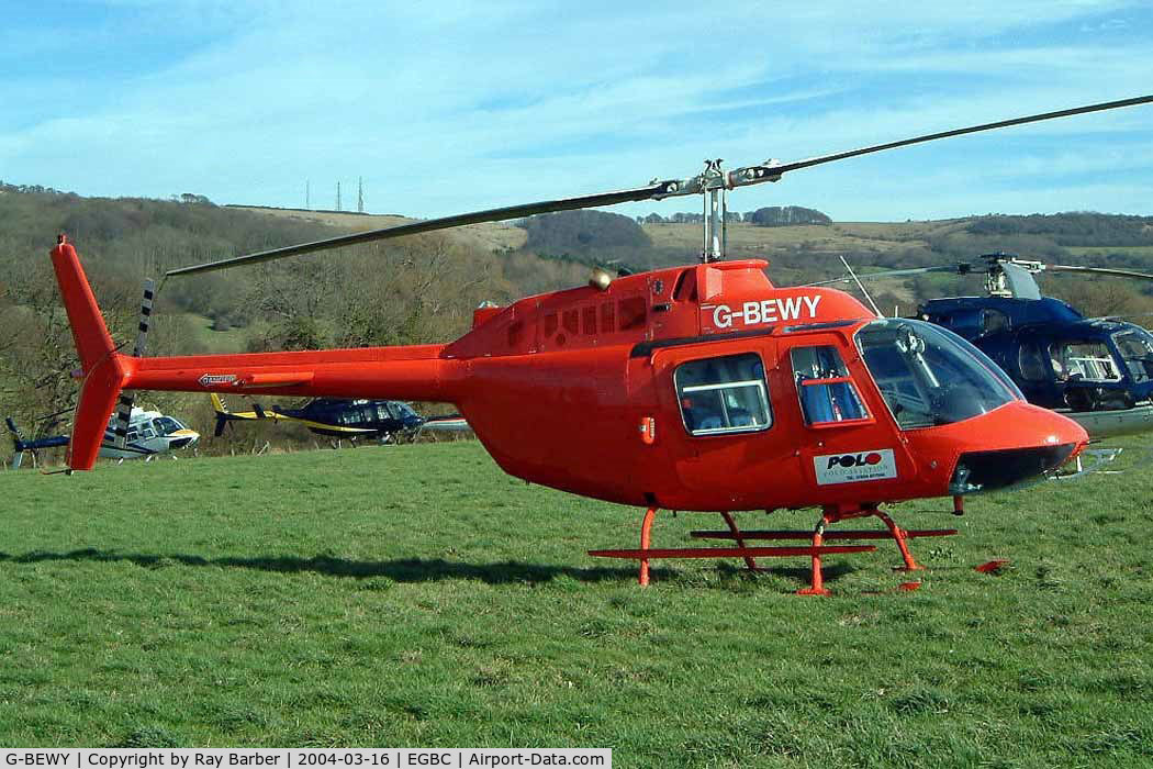 G-BEWY, 1969 Bell 206B JetRanger II C/N 348, Bell 206B  Jet Ranger II [348] Cheltenham Racecourse~G 16/03/2004. Wearing red skids.