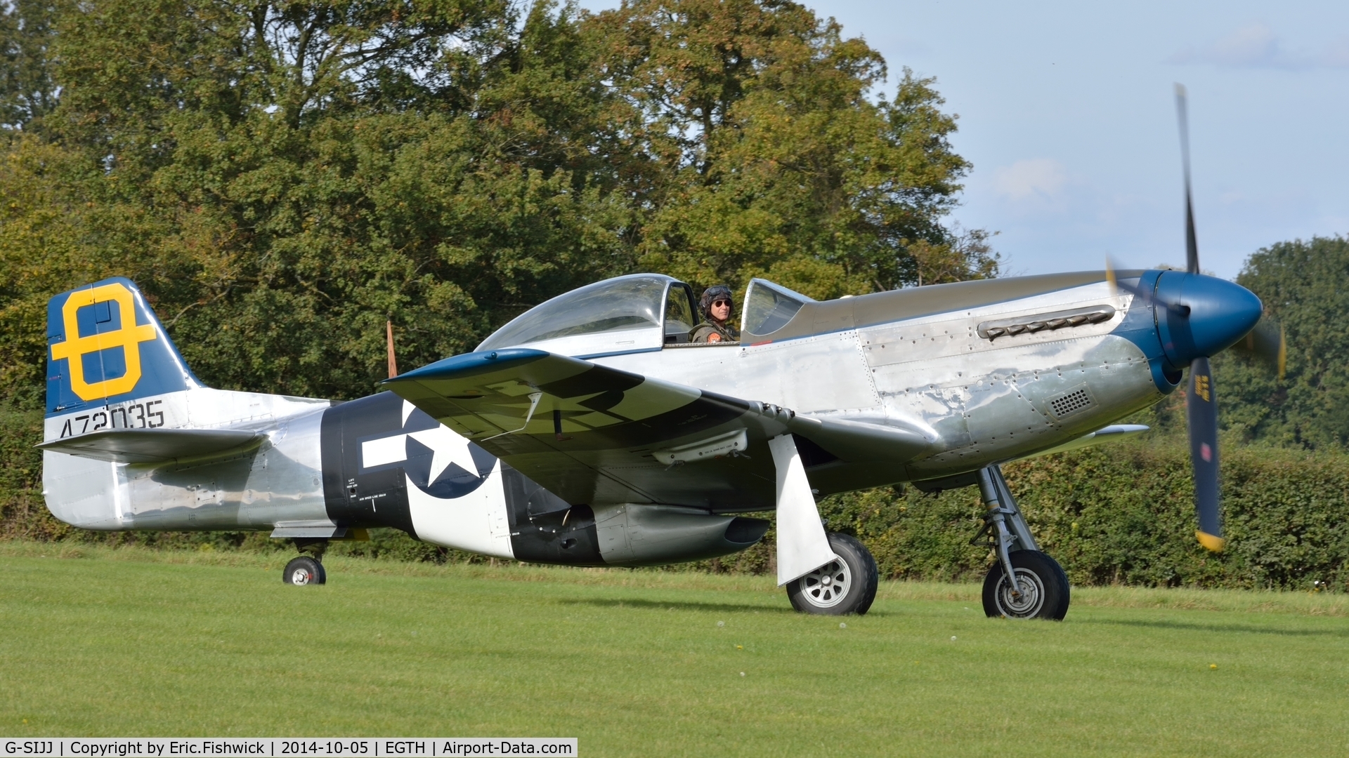 G-SIJJ, 1944 North American P-51D Mustang C/N 122-31894 (44-72035), 3. 'Jumpin' Jacques' (Hanger 11) preparing to depart the rousing season finale Race Day Air Show at Shuttleworth, Oct. 2014.
