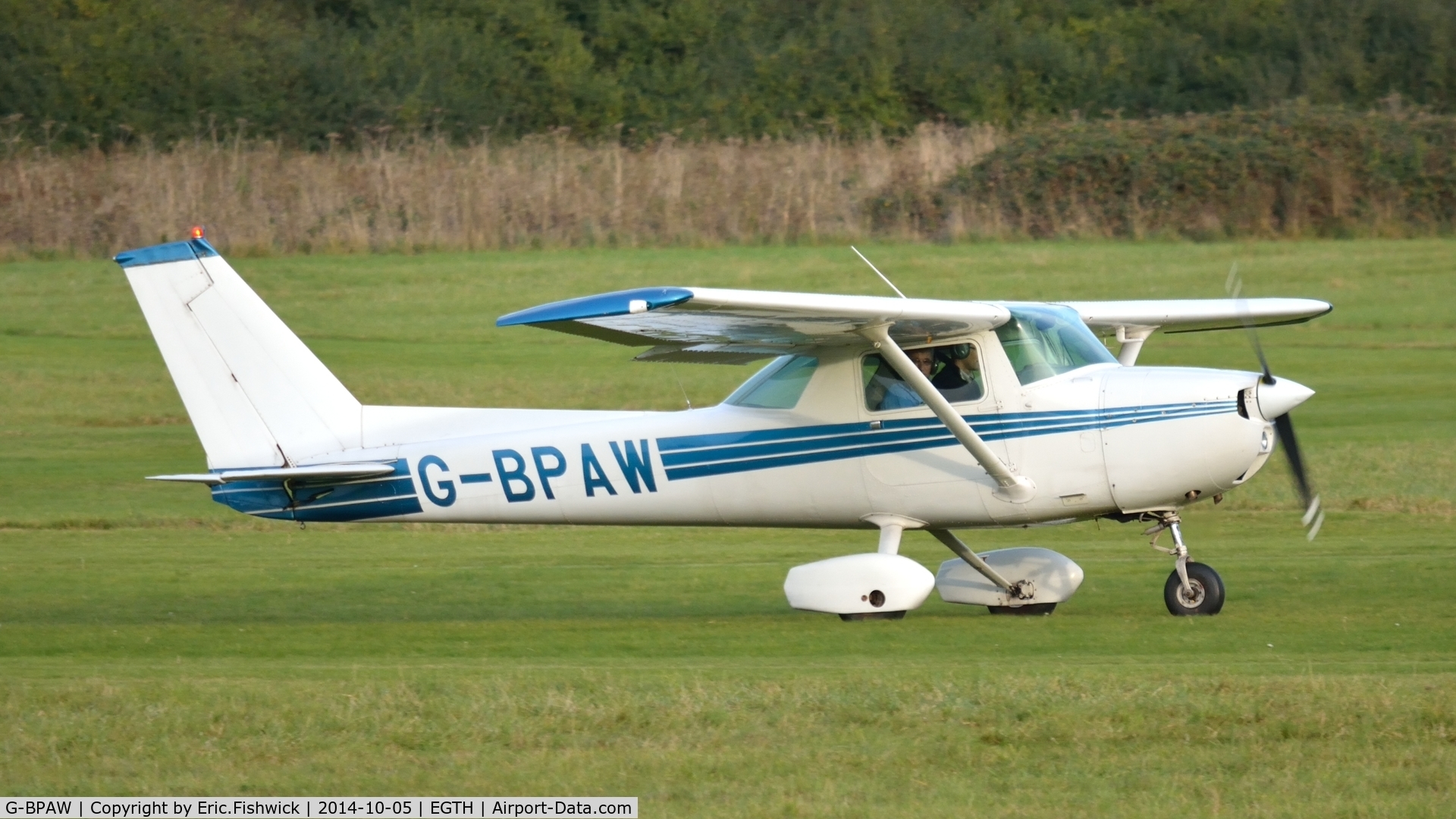 G-BPAW, 1976 Cessna 150M C/N 150-77923, 3. G-BPAW preparing to depart the rousing season finale Race Day Air Show at Shuttleworth, Oct. 2014.