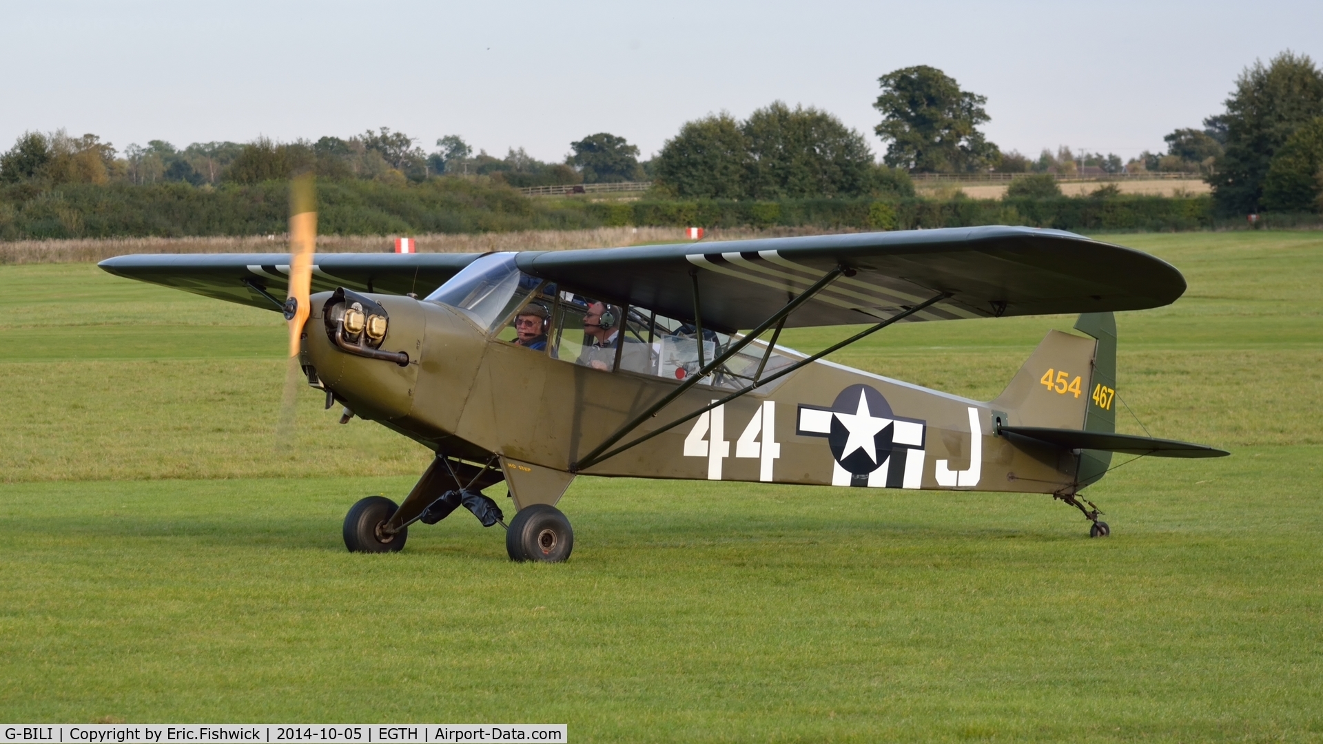 G-BILI, 1948 Piper L-4J Grasshopper (J3C-65D) C/N 13207, 3. G-BILI preparing to depart the rousing season finale Race Day Air Show at Shuttleworth, Oct. 2014.