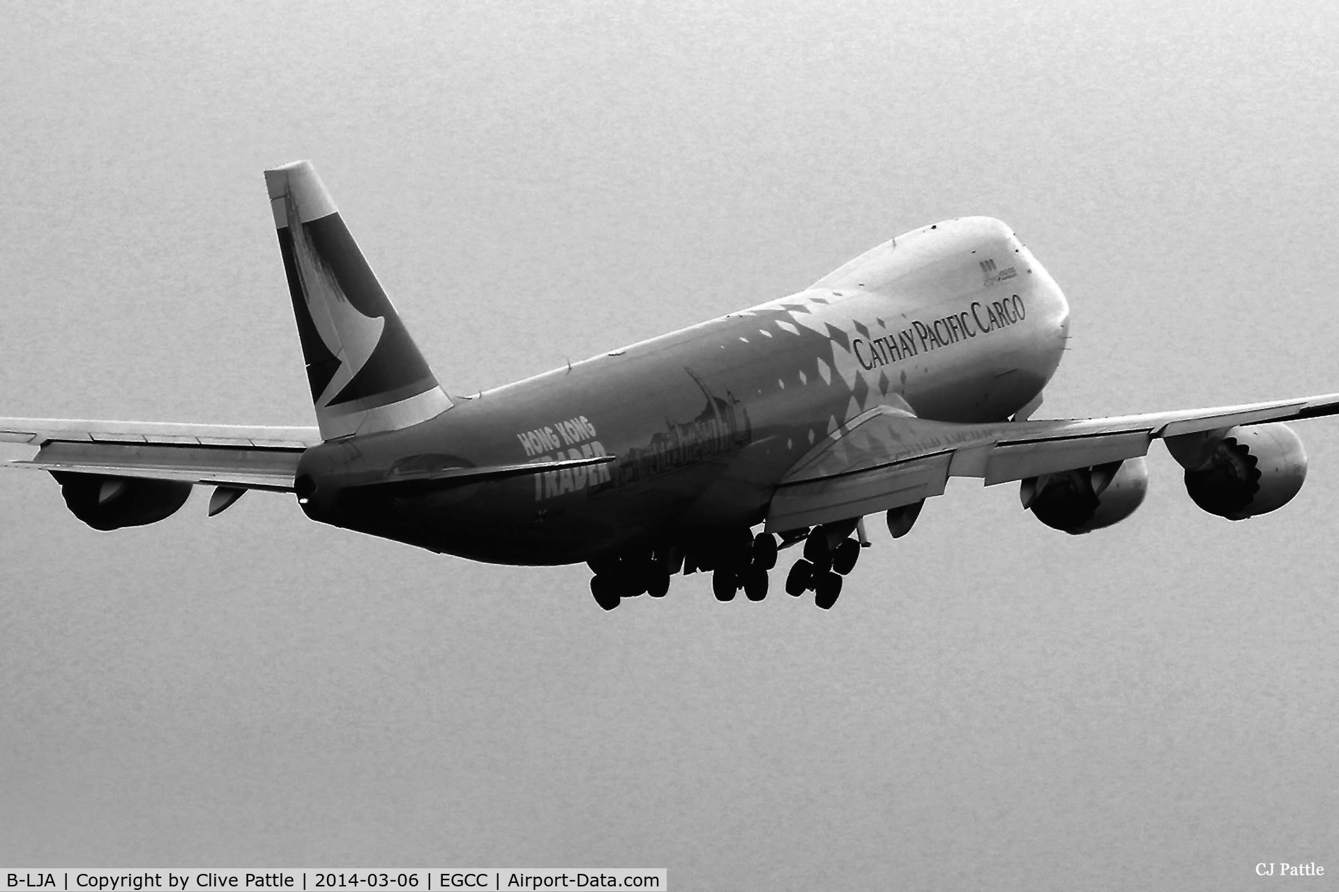 B-LJA, 2011 Boeing 747-867F/SCD C/N 39238, Manchester climb out - in b&W for a change