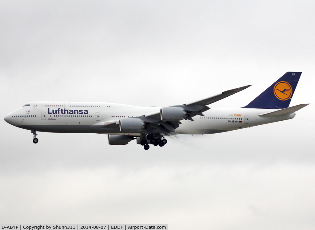D-ABYP, 2014 Boeing 747-830 C/N 37839, Landing rwy 25L with additional '1500th' patch on the rear fuselage...