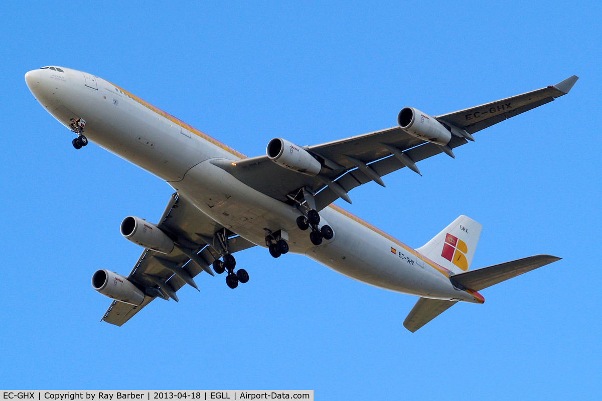 EC-GHX, 1996 Airbus A340-313 C/N 134, Airbus A340-313 [134] (Iberia) Home~G 18/04/2013. On approach 27R.