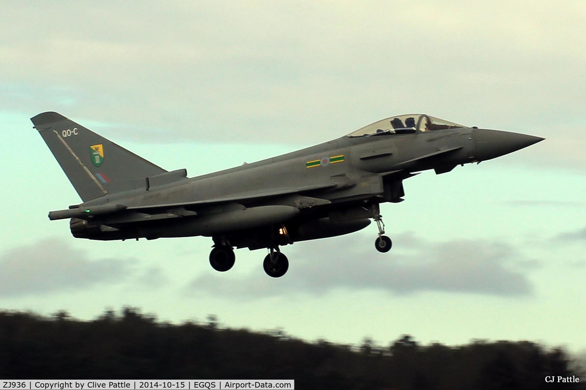 ZJ936, 2007 Eurofighter EF-2000 Typhoon FGR4 C/N 0119/BS027, seen on finals at RAF Lossiemouth, coded 'QO-C' with 3 Sqn visiting from RAF Coningsby for participation in Exercise Joint Warrior 14-2