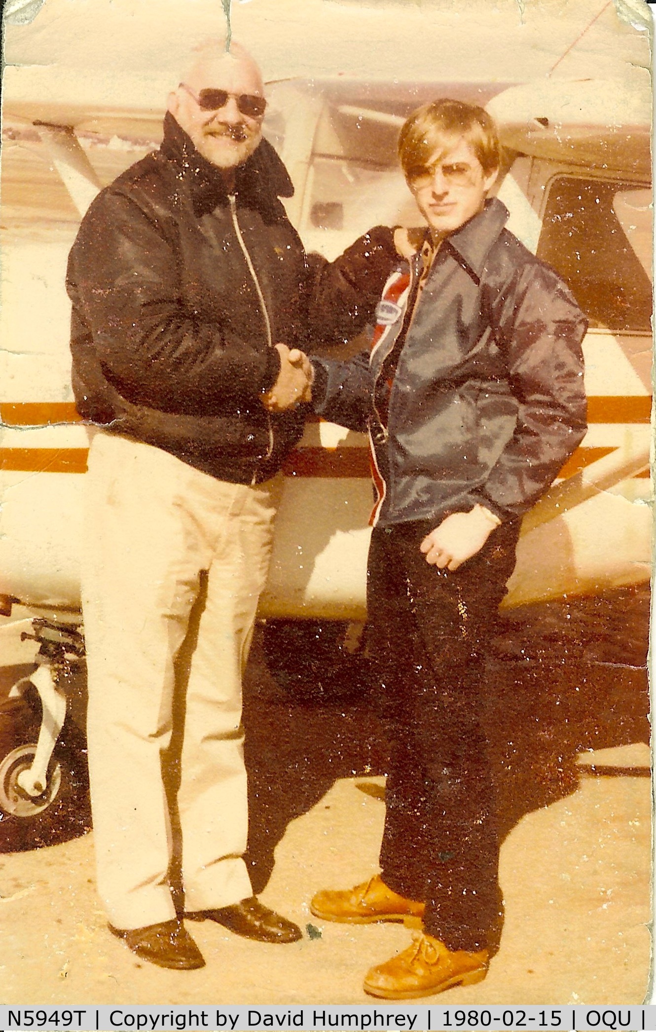N5949T, 1964 Cessna 150D C/N 15060649, Soloing in N5949T on my 16th birthday in Rhode Island in 1980.  The plane and I are the same age.  I believe the '64 and '65 models were the only years that had both the straight tail and the rear window.