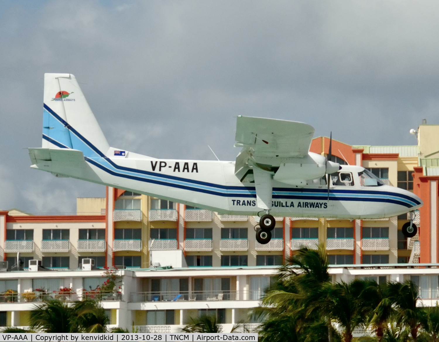 VP-AAA, 1974 Britten-Norman BN-2A-21 Islander C/N 382, On short finals to St Maarten.