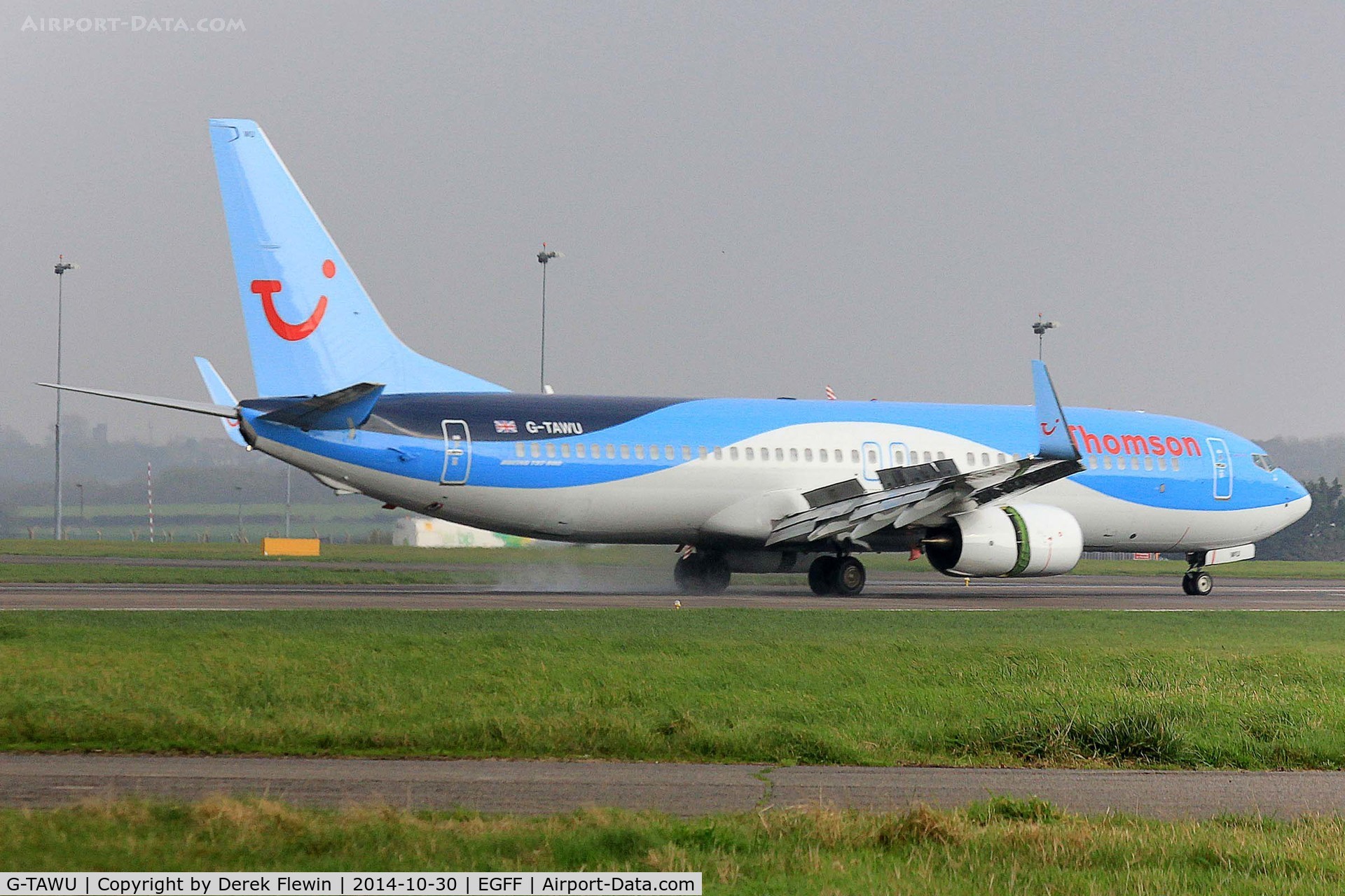 G-TAWU, 2014 Boeing 737-8K5 C/N 37263, 737-8K5, Thomson Airlines, previously N1786B, N1787B, Callsign Thomson 4HE, seen landing on runway 12 at EGFF, out of Malaga.