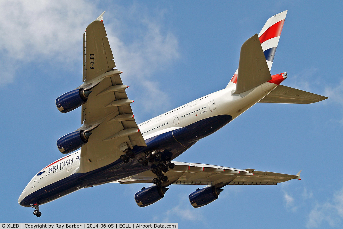 G-XLED, 2013 Airbus A380-841 C/N 144, Airbus A380-841 [144] (British Airways) Home~G 05/06/2014. On approach 27R.
