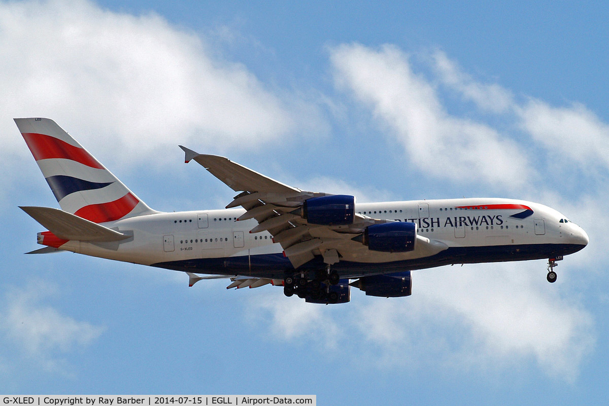 G-XLED, 2013 Airbus A380-841 C/N 144, Airbus A380-841 [144] (British Airways) Home~G 15/07/2014. On approach 27L.