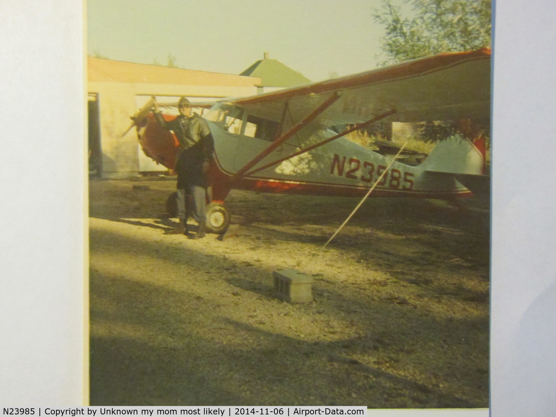 N23985, 1939 Aeronca 65-C C/N C-6469, Looks to be my dads old plane same number. Pic taken in International Falls MN Our front yard. My dad standing by it and ready to go. Vary early 1970s