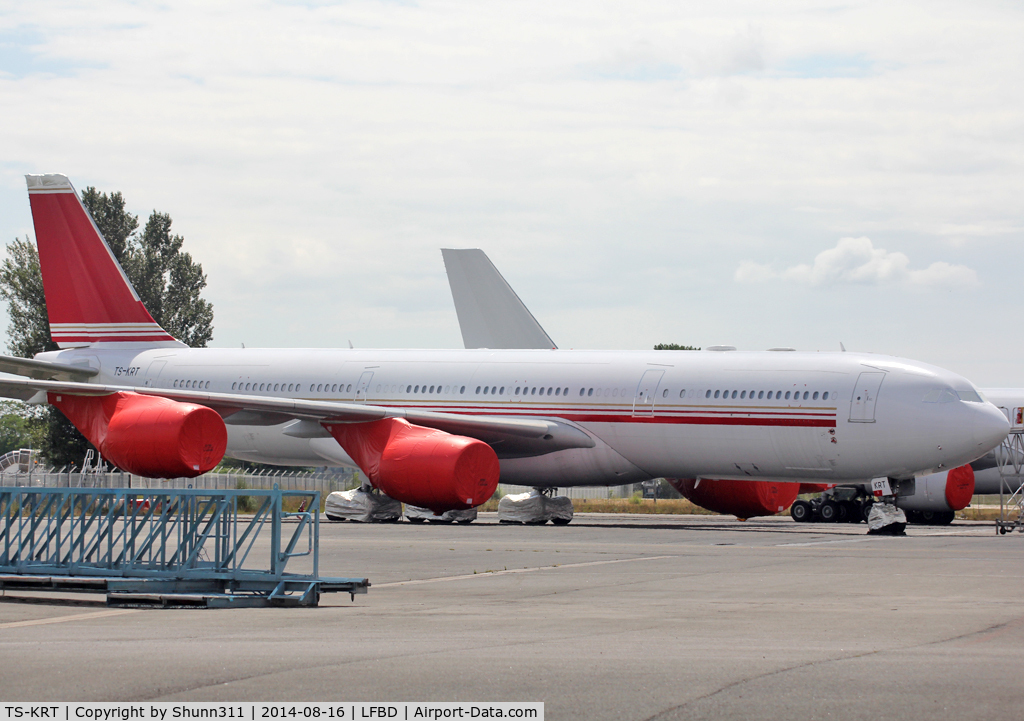 TS-KRT, 2008 Airbus A340-542 C/N 902, Stored inside TAT Technics  without titles...