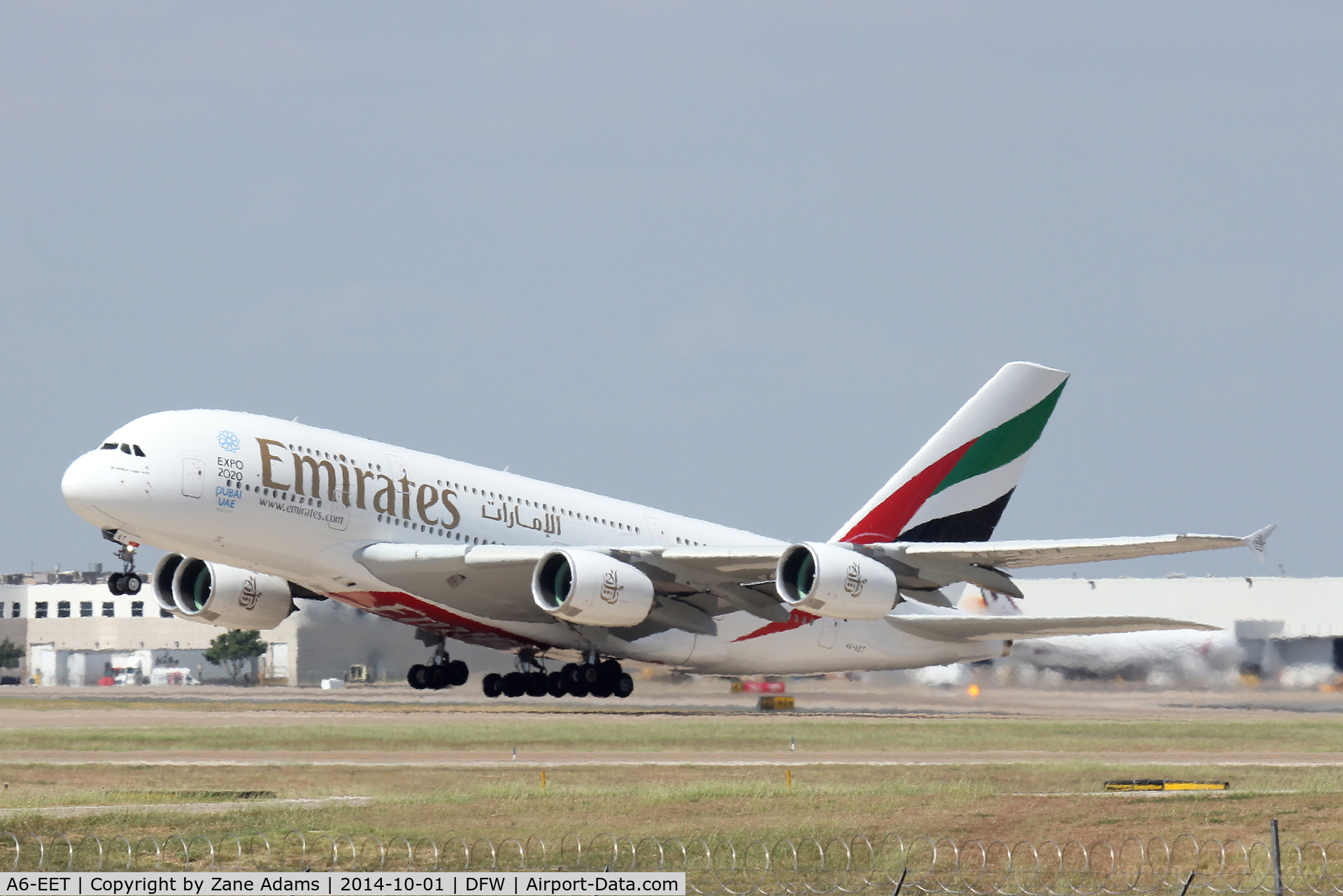 A6-EET, 2013 Airbus A380-861 C/N 142, Departing DFW Airport