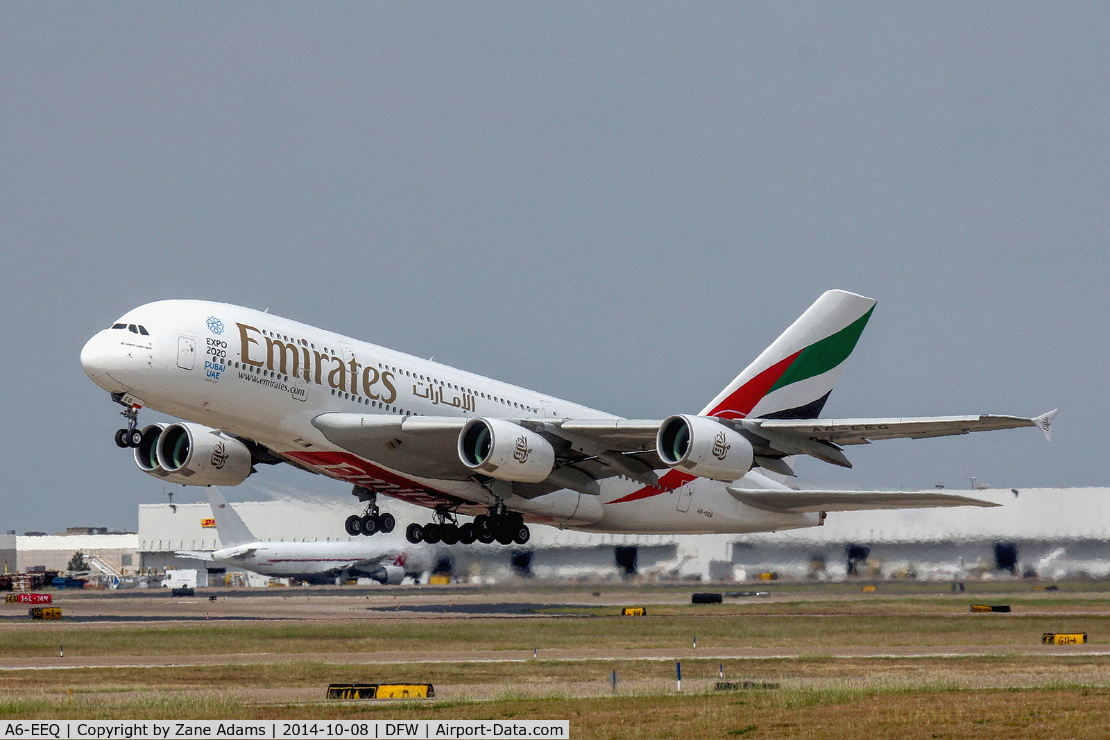 A6-EEQ, 2013 Airbus A380-861 C/N 141, The First Emirates A380 flight departing DFW Airport
