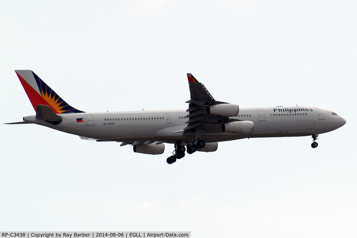 RP-C3438, 2001 Airbus A340-313X C/N 387, Airbus A340-313X [387] (Philippine Airlines) Home~G 06/08/2014. On approach 27L.