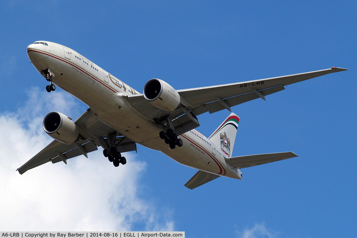 A6-LRB, 2007 Boeing 777-237/LR C/N 36301/621, Boeing 777-237LR [36301] (Etihad Airways) Home~G 16/08/2014. On approach 27R.
