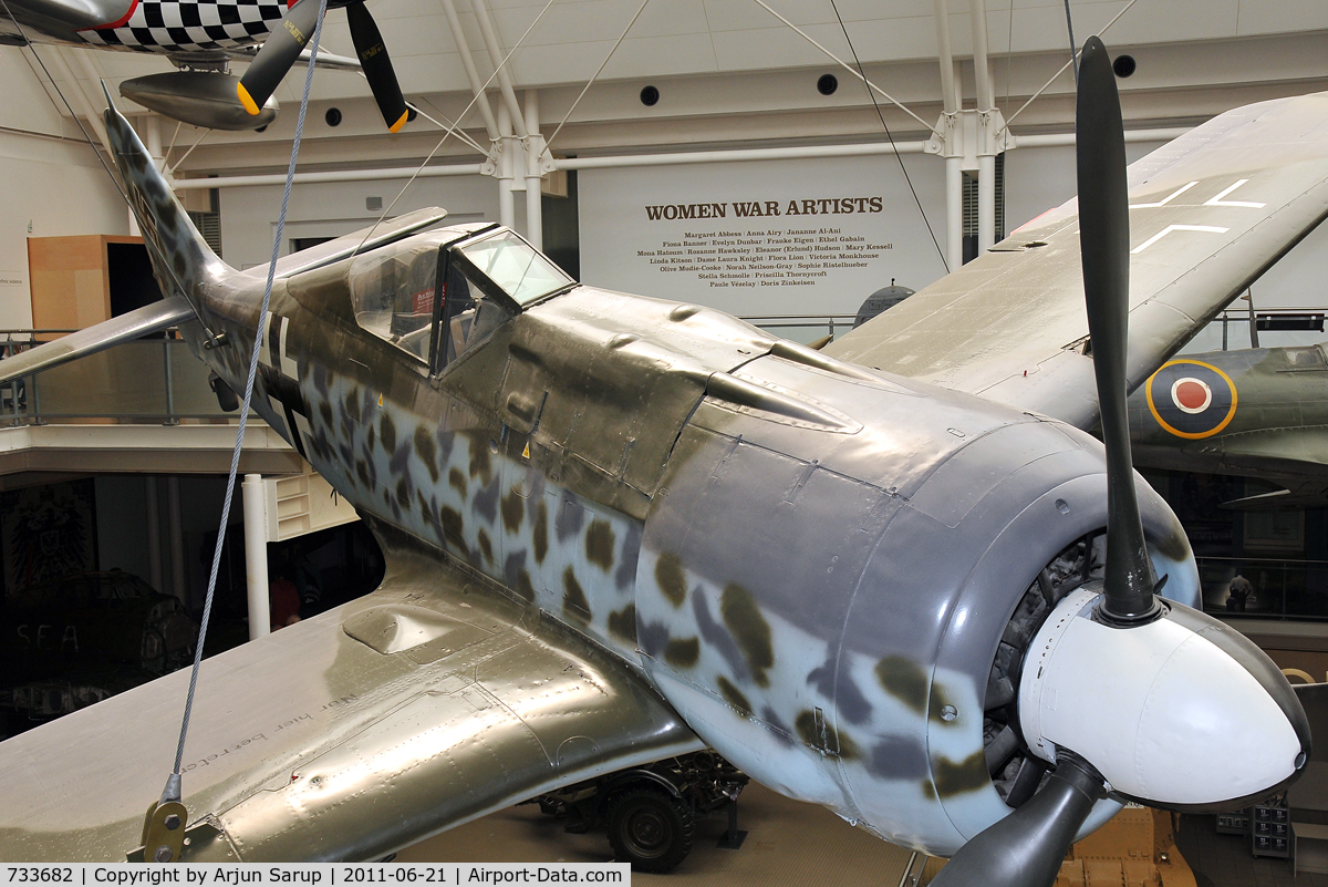 733682, 1944 Focke-Wulf Fw-190A-8 C/N 733682, Preserved at the Imperial War Museum. This aircraft was captured in Germany towards the end of the war. It was to be the upper component of a Mistel S-3B composite aircraft, assigned to KG 200.