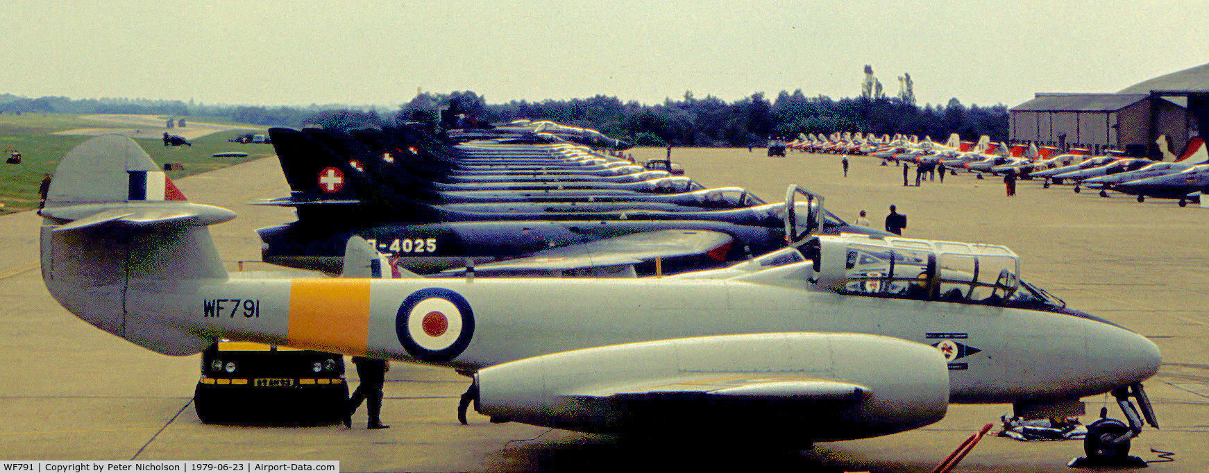 WF791, 1951 Gloster Meteor T.7 C/N 15658, Meteor T.7 of the Central Flying School's Vintage Pair demonstration team on the flight line at the 1979 International Air Tattoo at RAF Greenham Common.