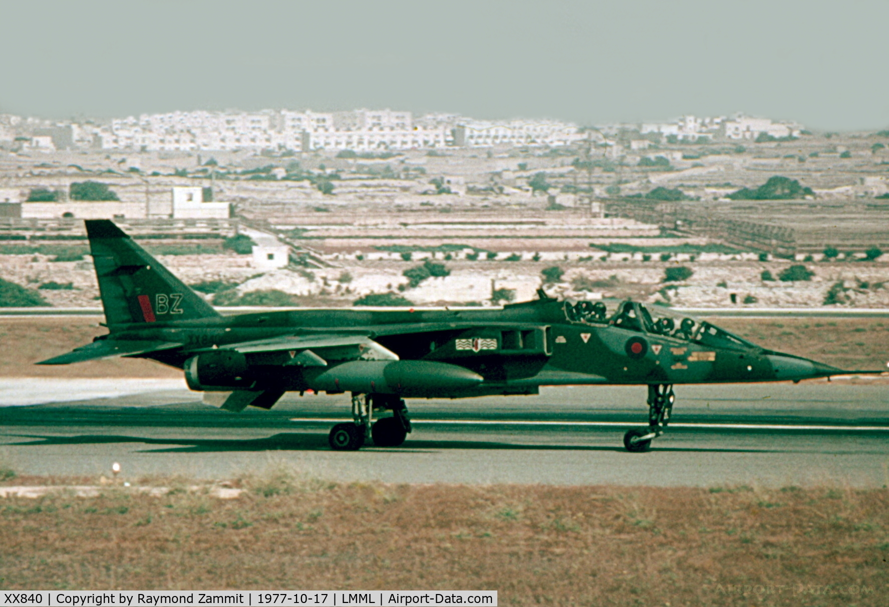 XX840, 1975 Sepecat Jaguar T.2 C/N B.28, Jaguar T4 XX840/BZ of 17Sqd RAF taking off from RAF Luqa Malta