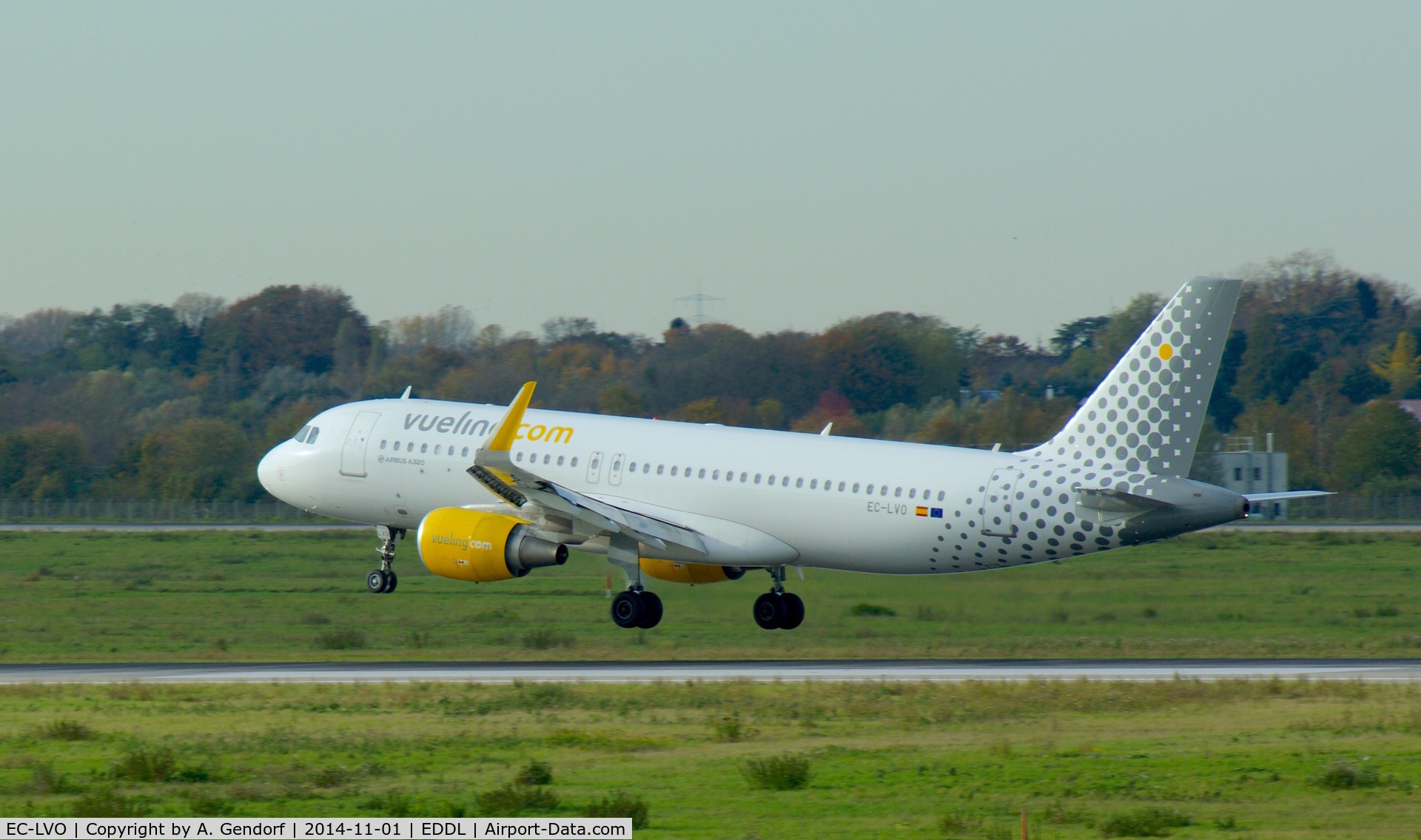EC-LVO, 2013 Airbus A320-214 C/N 5533, Vueling Airlines, seen here smoothly touching down at Düsseldorf Int'l(EDDL)