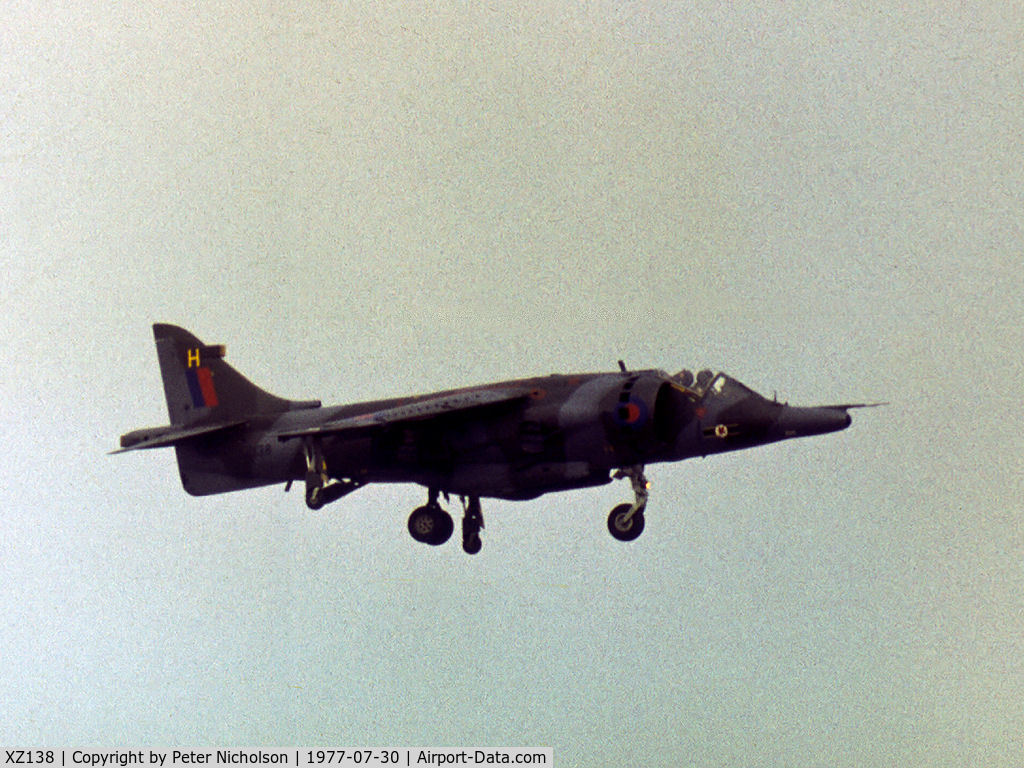 XZ138, 1976 Hawker Siddeley Harrier GR.3 C/N 712197, Harrier GR.3 of 3 Squadron in action at the 1977 Royal Review at RAF Finningley.