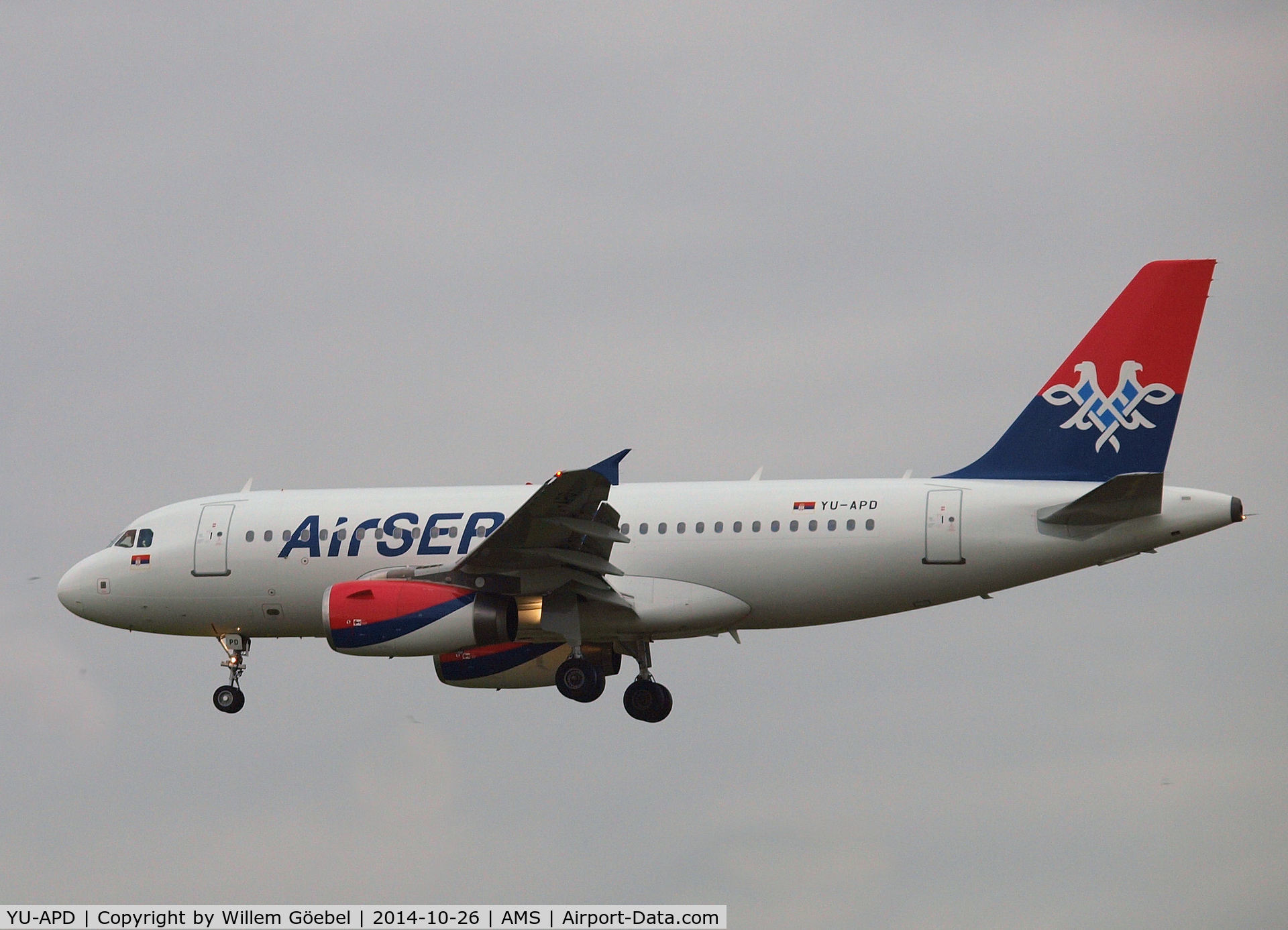 YU-APD, 2004 Airbus A319-132 C/N 2335, Landing on runway 18C of Amsterdam Airport