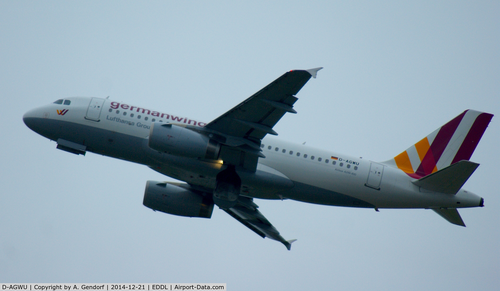 D-AGWU, 2013 Airbus A319-132 C/N 5457, Germanwings, is here climbing out at Düsseldorf Int'l(EDDL)
