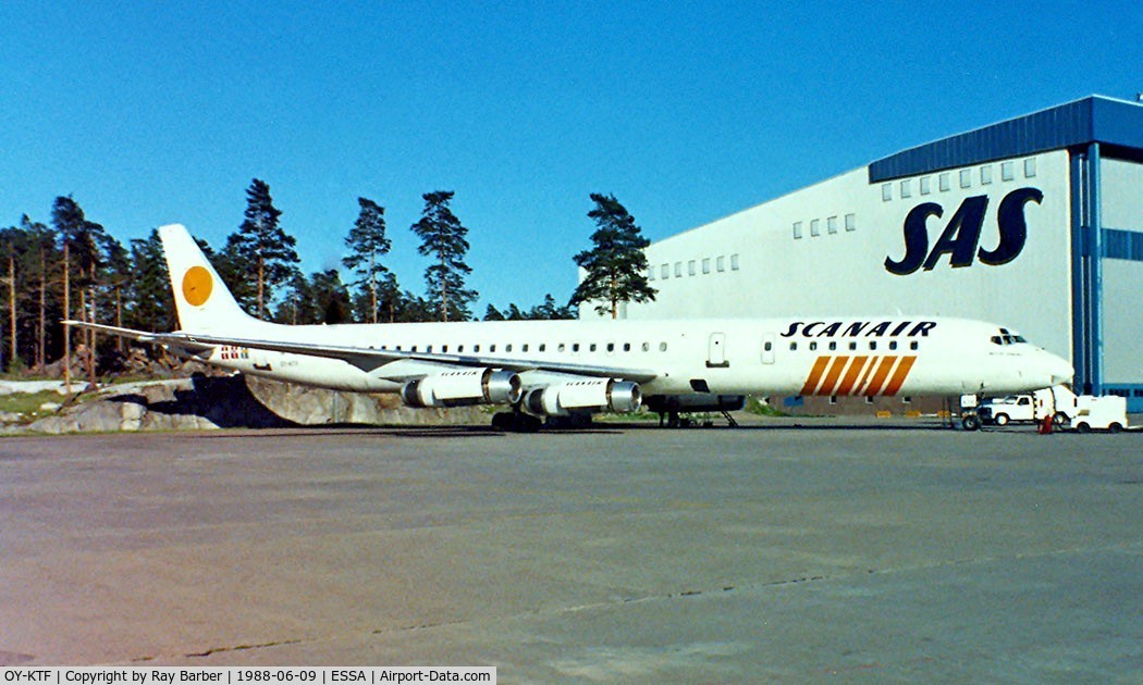 OY-KTF, 1969 Douglas DC-8-63 C/N 46041, Douglas DC-8-63F [46041] (Scanair) Stockholm-Arlanda~SE 09/06/1988. From a slide.