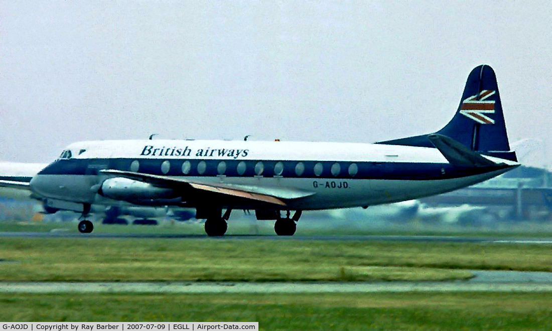 G-AOJD, 1956 Vickers Viscount 802 C/N 153, Vickers 802 Viscount [153] (British Airways) Heathrow~G 1975 .Year approximate. Departing 28L. From a slide.