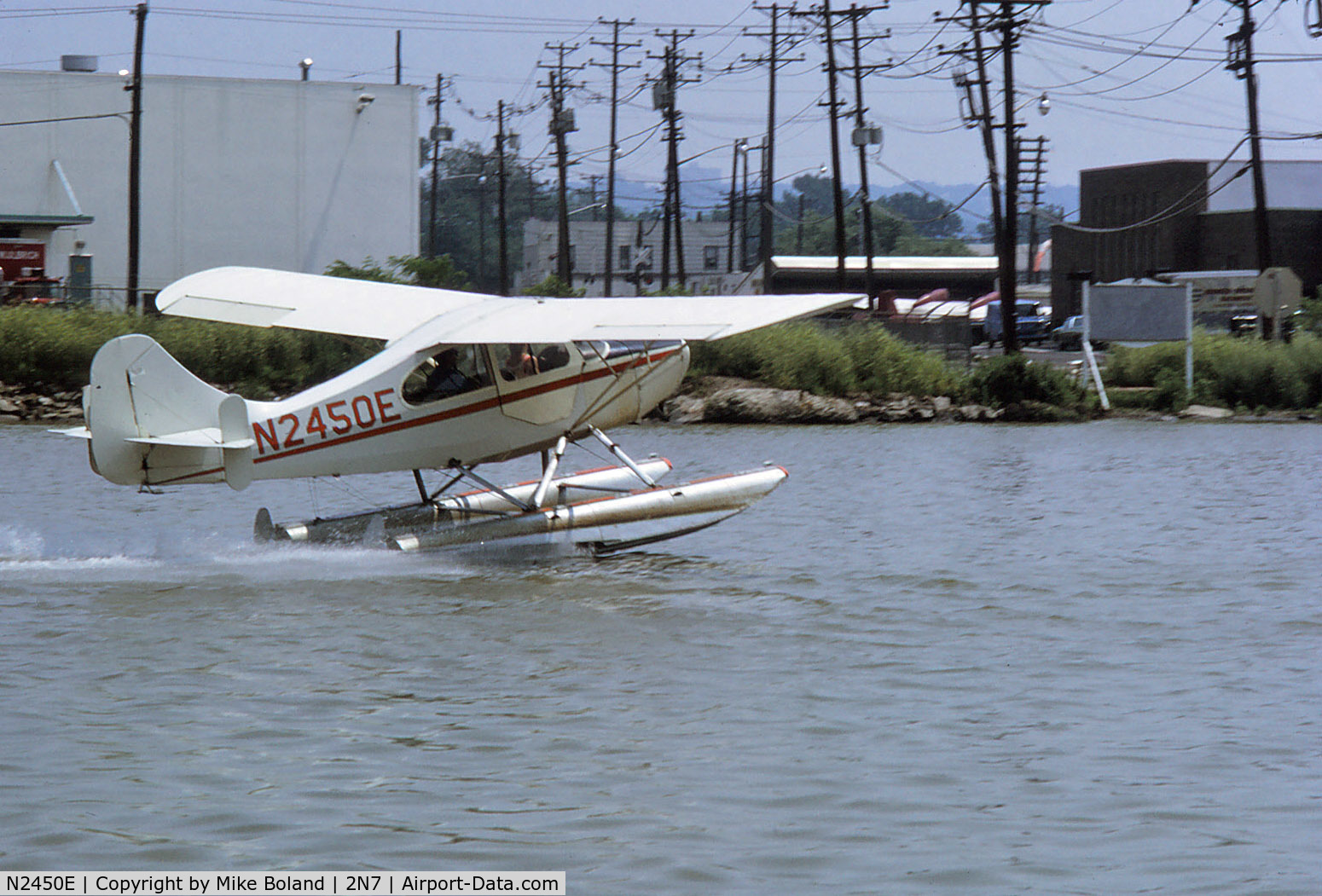 N2450E, 1946 Aeronca S7CCM C/N 7AC-6030, 1946 Aeronca S7CCM N2450E, taking off, Little Ferry Sea Plane Base, 1972. Got my seaplane rating in this.