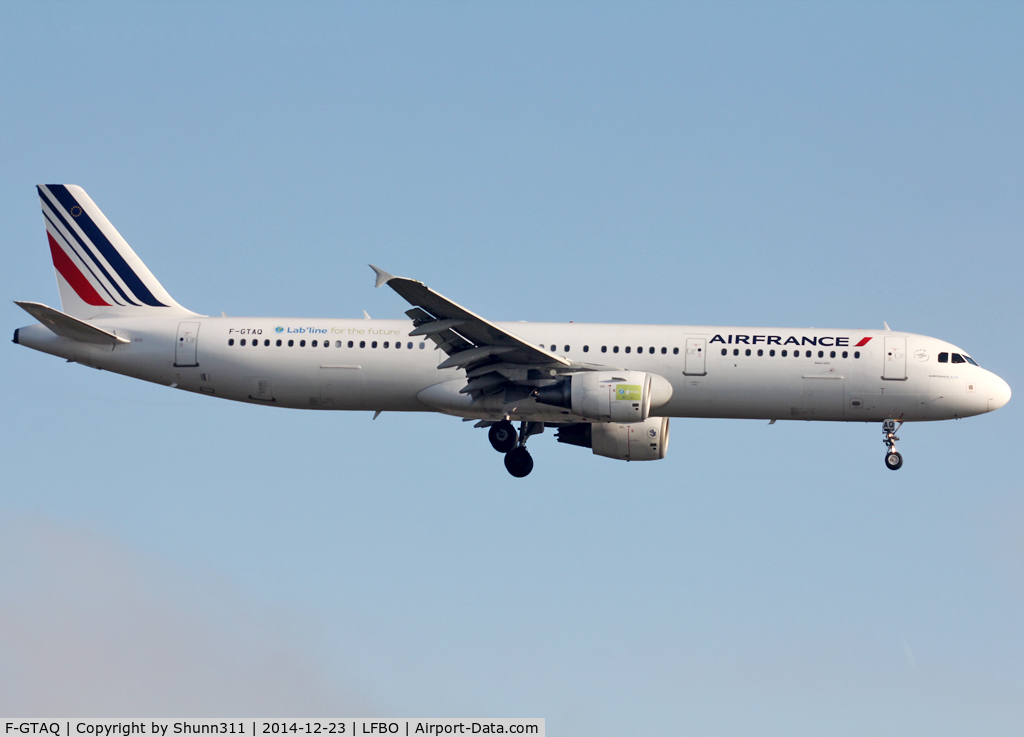 F-GTAQ, 2008 Airbus A321-211 C/N 3399, Landing rwy 14R with additional Biofuel stickers and titles