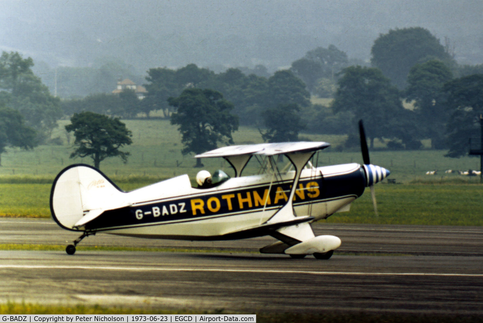 G-BADZ, 1972 Aerotek Pitts S-2A Special C/N 2038, Pitts S-2A of the Rothmans aerobatic display team preparing for action at the 1973 Royal Air Force Association Airshow at Woodford.