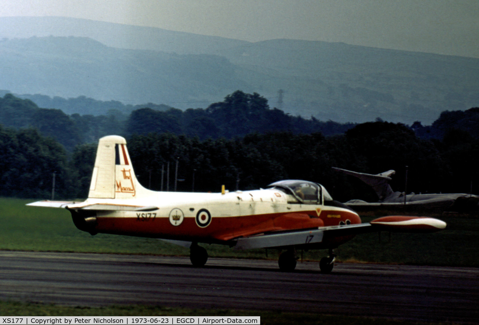 XS177, 1963 BAC 84 Jet Provost T.4 C/N PAC/W/22163, Jet Provost T.4 of the Macaws aerobatic display team as seen at the 1973 Royal Air Force Association Airshow at Woodford.
