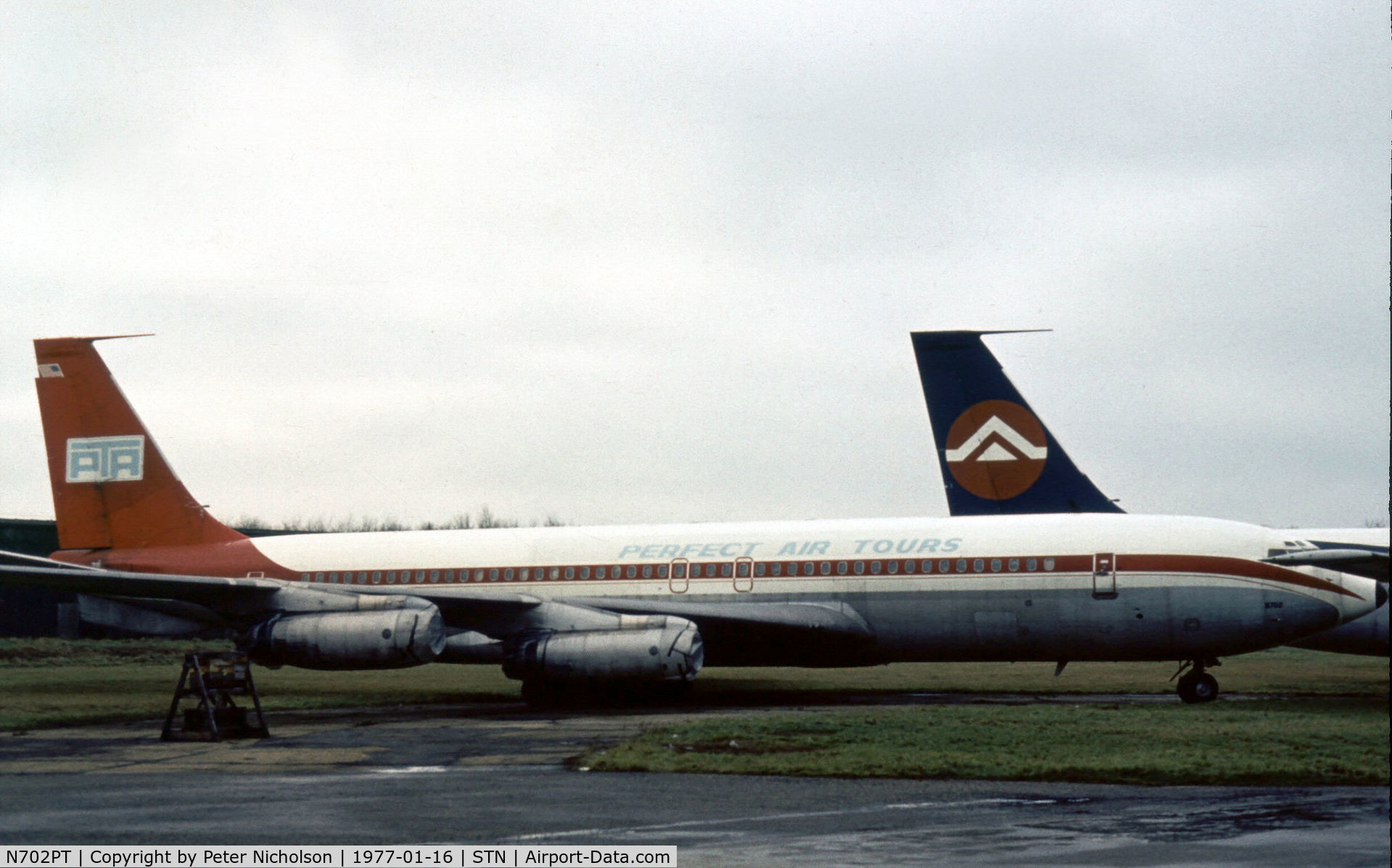 N702PT, 1959 Boeing 707-331C C/N 17677, Boeing 707-331C of Perfect Air Tours as seen at Stansted in January 1977.