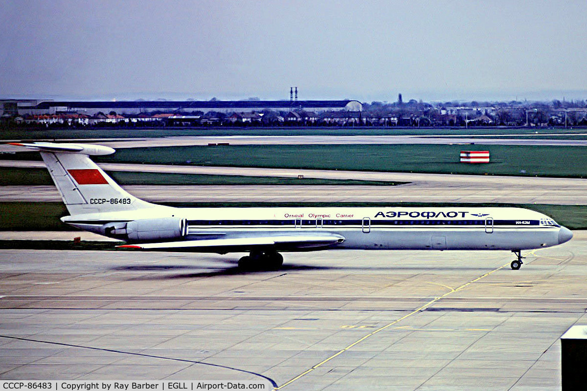 CCCP-86483, 1978 Ilyushin Il-62M C/N 2829637, Ilyushin IL-62M [2829637] (Aeroflot) Heathrow~G 27/03/1981.  From a slide.