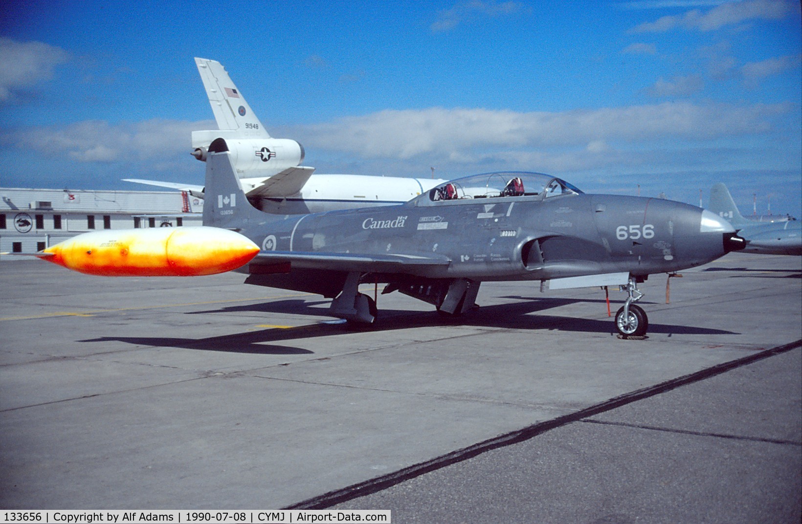 133656, 1959 Canadair CT-133 Silver Star 3 C/N T33-656, Displayed at the annual airshow at Canadian Forces Base Moose Jaw, Saskatchewan, Canada in 1990.
