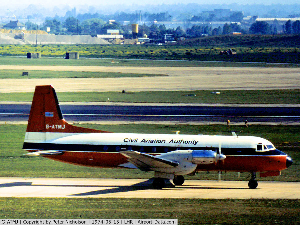 G-ATMJ, 1966 Hawker Siddeley HS.748 Series 2A C/N 1593, HS.748 Series 2 of the Civil Aviation Authority as seen at Heathrow in May 1974.