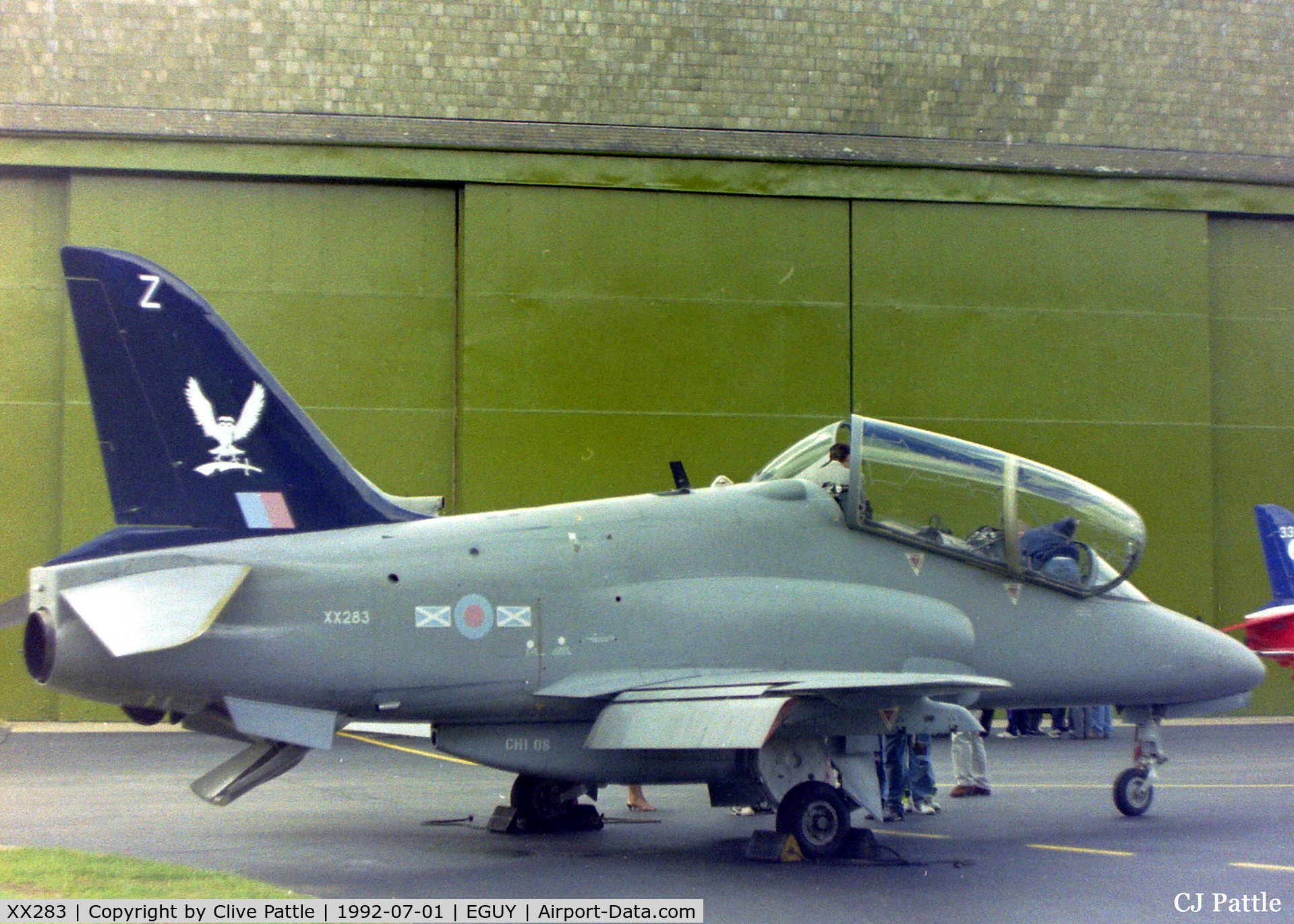 XX283, 1979 Hawker Siddeley Hawk T.1 C/N 109/312108, Pictured on a visit to RAF Wyton in July 1992