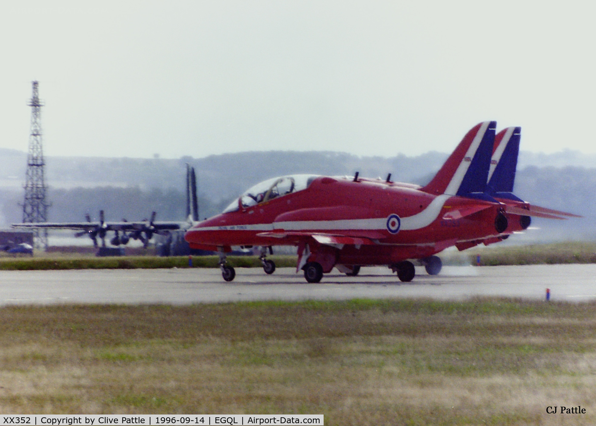 XX352, 1981 Hawker Siddeley Hawk T.1A C/N 202/312176, Red Arrows dual take-off from RAF Leuchars during the airshow in 1996. XX352 is nearest the camera.