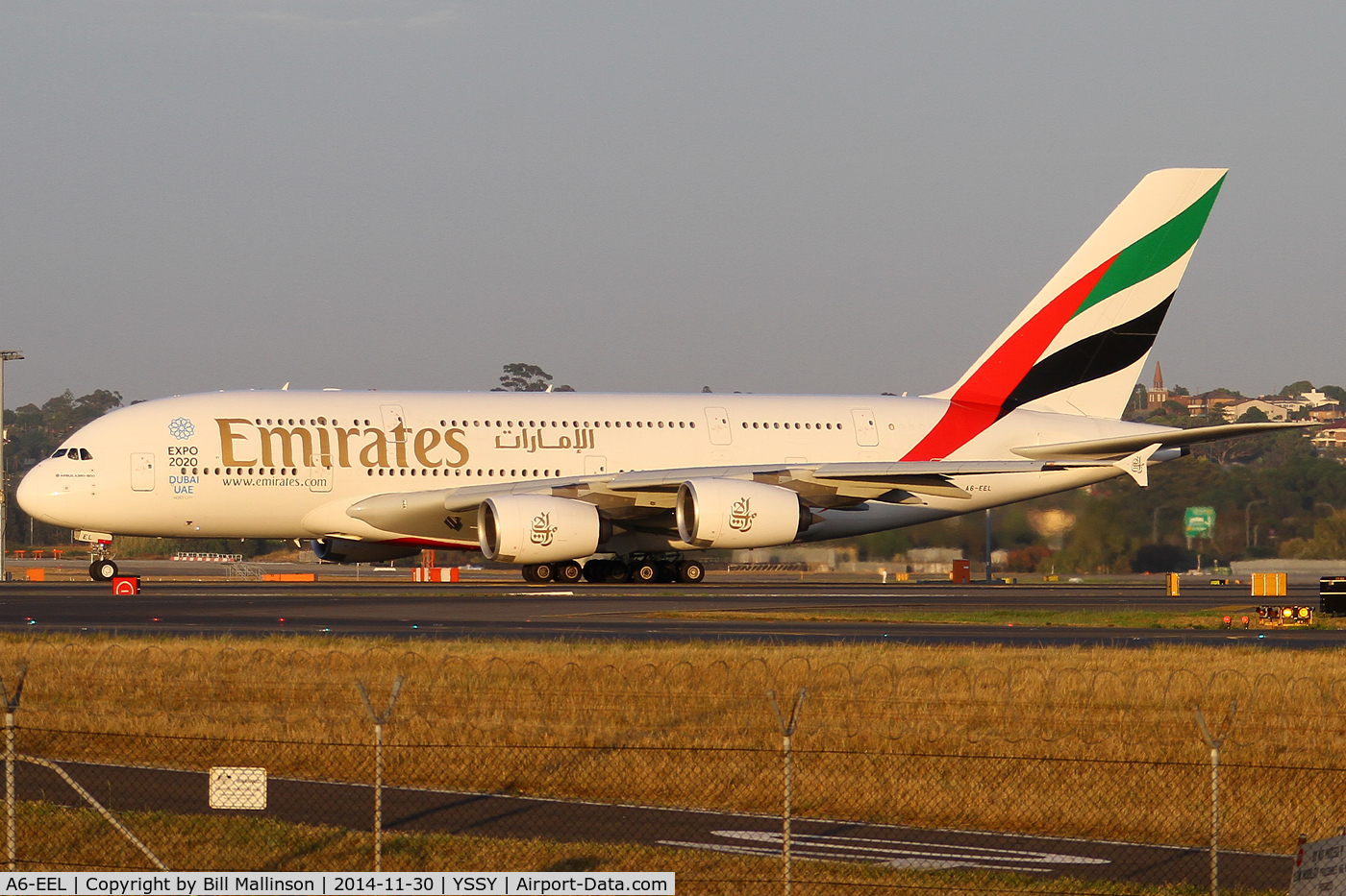 A6-EEL, 2013 Airbus A380-861 C/N 133, taxiing to 34L