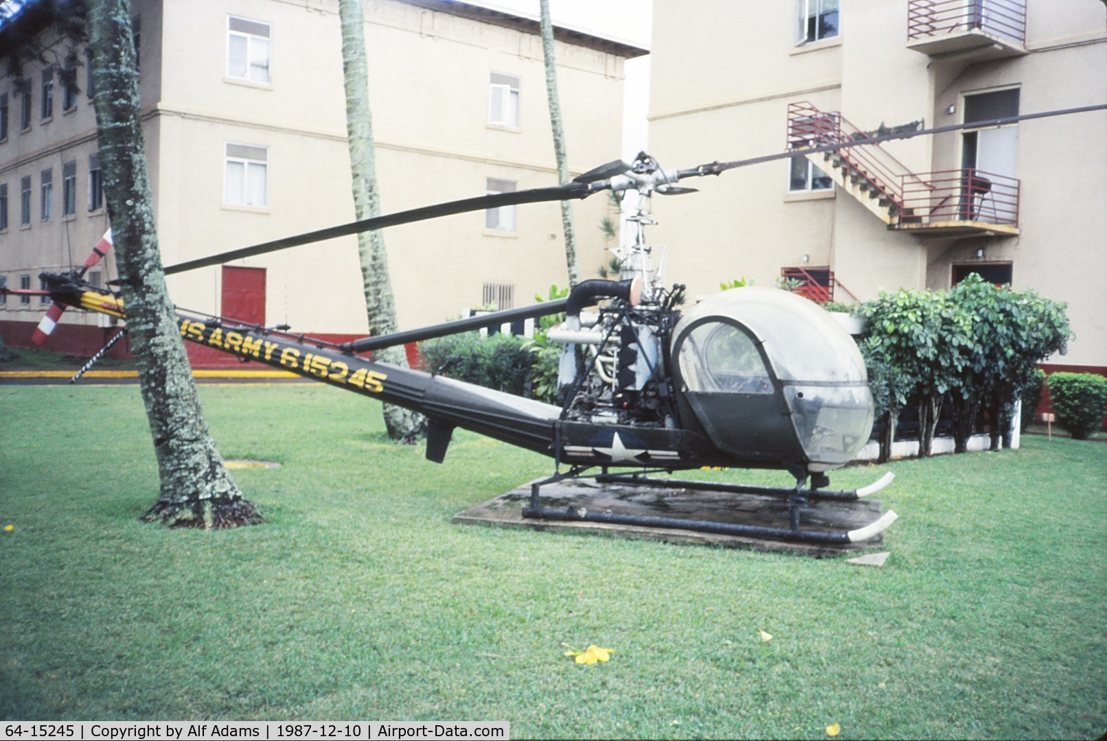 64-15245, 1964 Hiller OH-23G Raven C/N 1754, Displayed outside at Schofield Barracks, Hawaii in 1987.