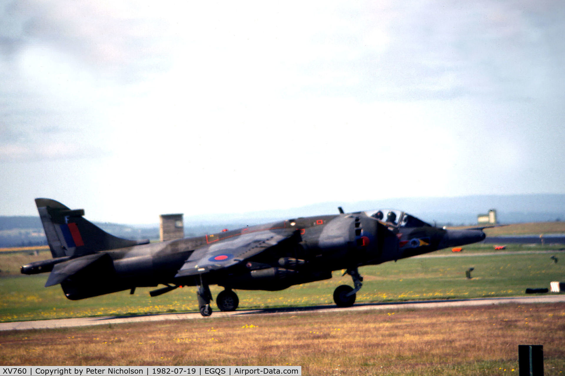 XV760, 1969 Hawker Siddeley Harrier GR.3 C/N 712023, Harrier GR.3 of 233 Operational Conversion Unit preparing to depart from RAF Lossiemouth in the Summer of 1982.