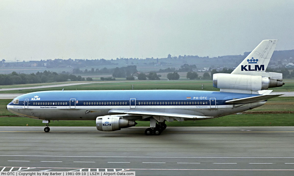 PH-DTC, 1972 Douglas DC-10-30 C/N 46552, McDonnell-Douglas DC-10-30 [46552] (KLM Royal Dutch Airlines) Zurich~HB 10/09/1981. From a slide.